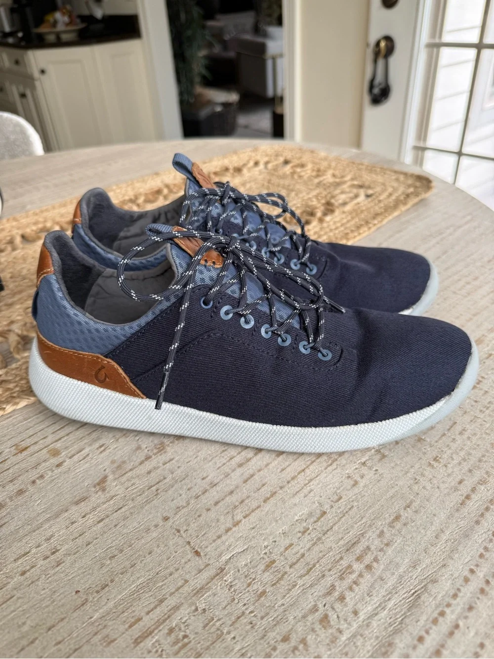 OluKai Navy Canvas Lace-Up Sneakers with Brown Leather Accents like new!